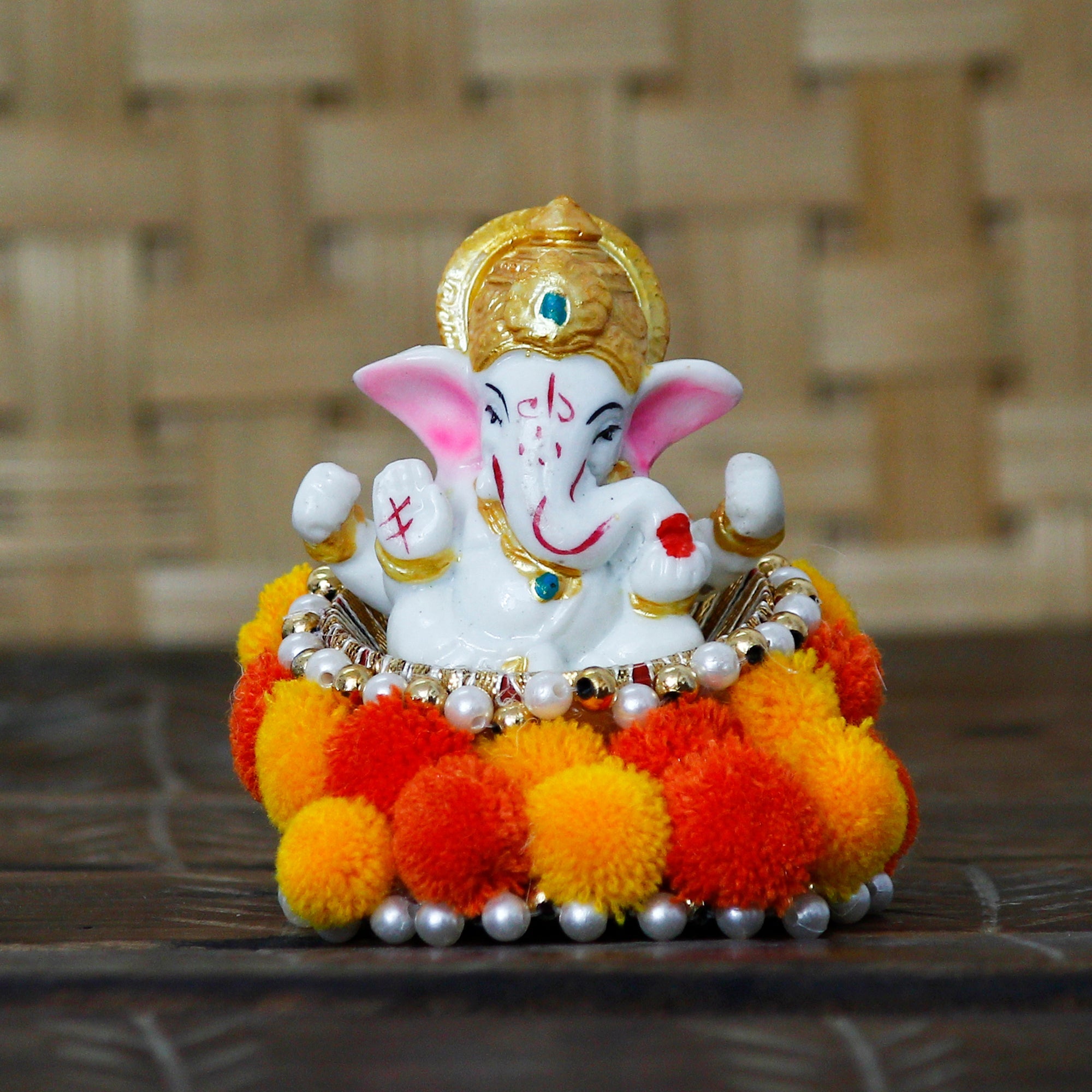 Polyresin Lord Ganesha Idol on Decorative Handcrafted Floral Plate for Home and Car Dashboard Kafalo