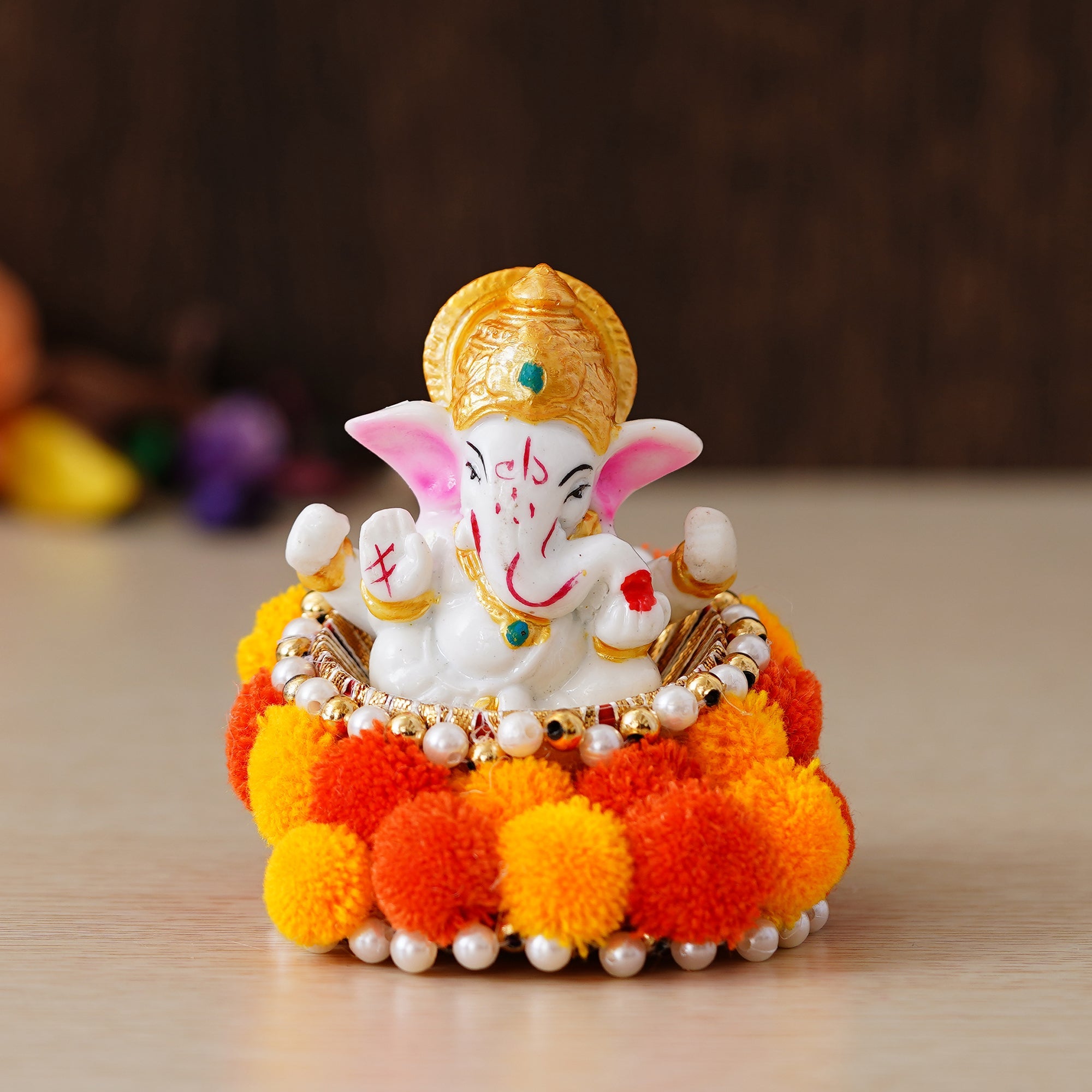 Polyresin Lord Ganesha Idol on Decorative Handcrafted Floral Plate for Home and Car Dashboard Kafalo