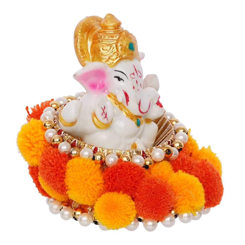 Polyresin Lord Ganesha Idol on Decorative Handcrafted Floral Plate for Home and Car Dashboard Kafalo