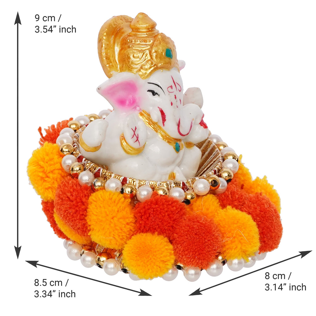 Polyresin Lord Ganesha Idol on Decorative Handcrafted Floral Plate for Home and Car Dashboard Kafalo