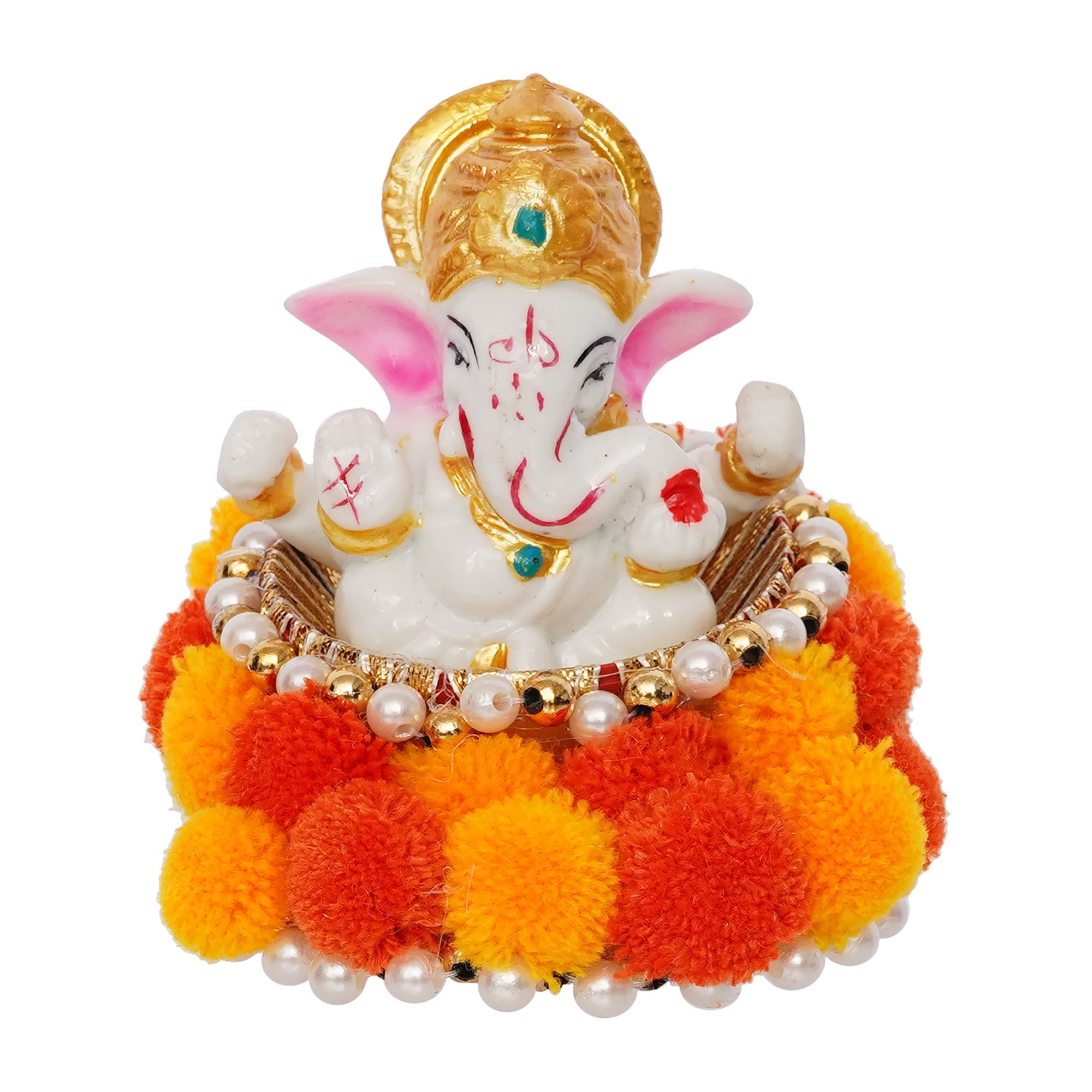 Polyresin Lord Ganesha Idol on Decorative Handcrafted Floral Plate for Home and Car Dashboard Kafalo