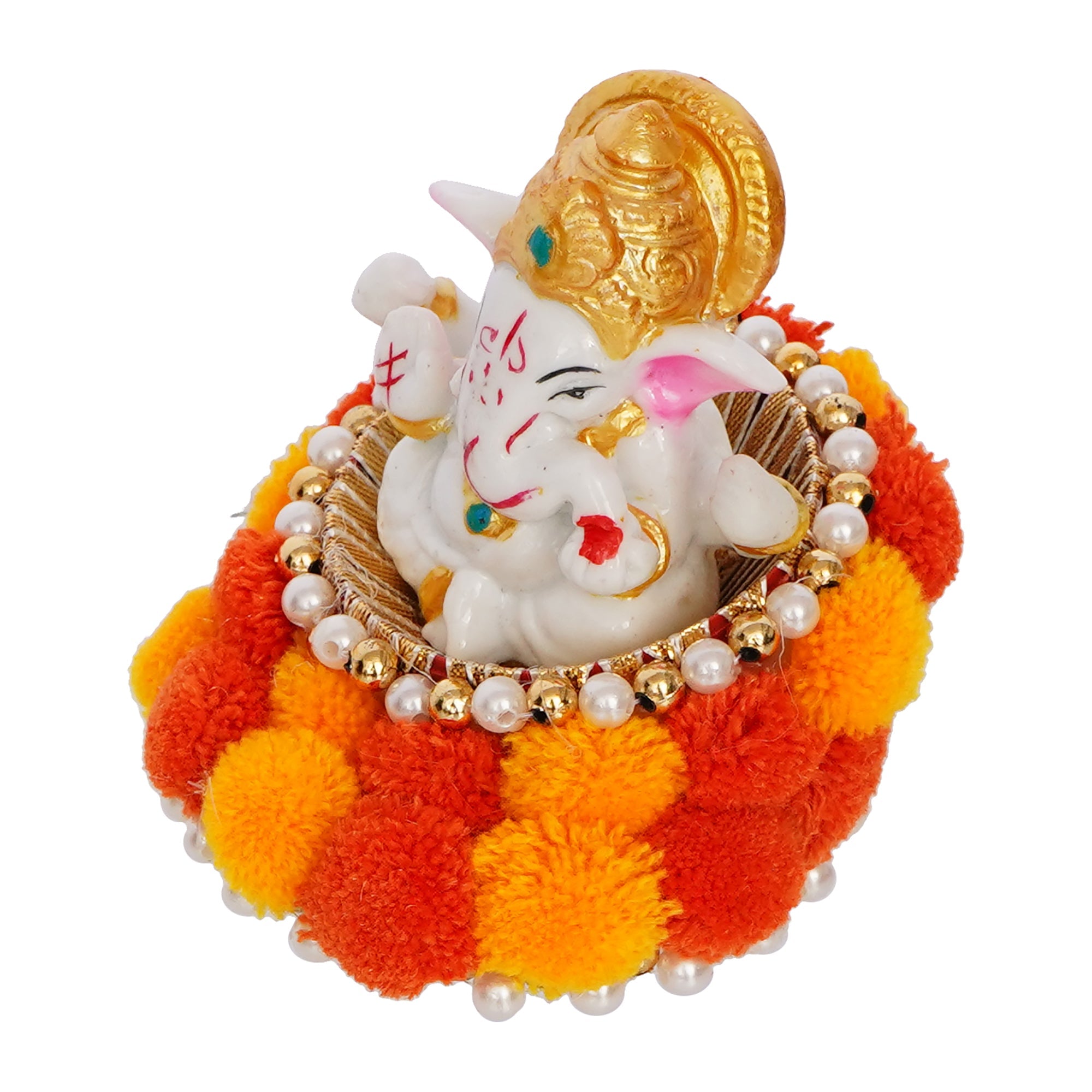 Polyresin Lord Ganesha Idol on Decorative Handcrafted Floral Plate for Home and Car Dashboard Kafalo