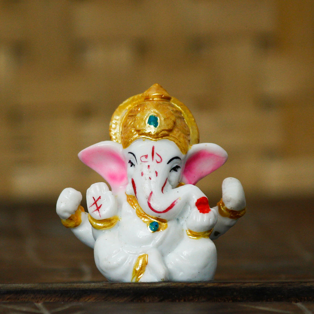 White Polyresin Lord Ganesha Idol with Golden Mukut Kafalo