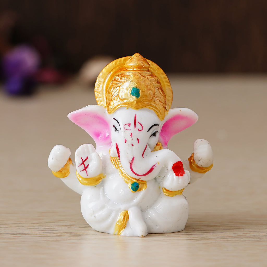 White Polyresin Lord Ganesha Idol with Golden Mukut Kafalo
