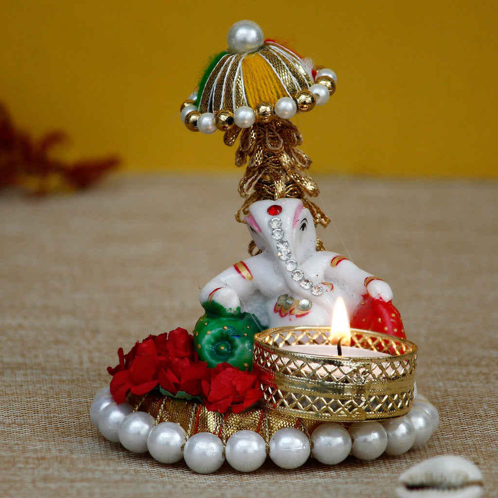 Lord Ganesha Idol on Decorative Handcrafted Floral Plate for Home and Car Kafalo