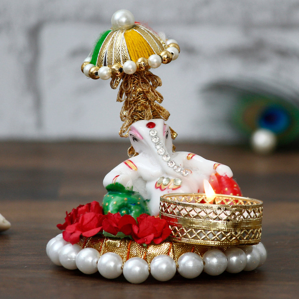 Lord Ganesha Idol on Decorative Handcrafted Floral Plate for Home and Car Kafalo