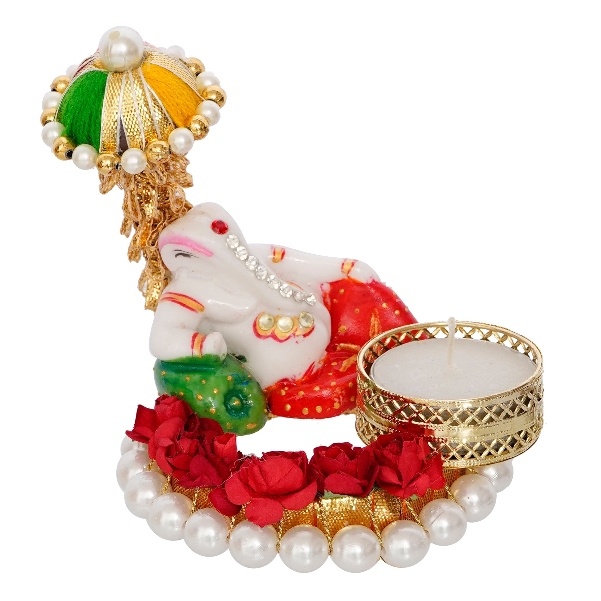 Lord Ganesha Idol on Decorative Handcrafted Floral Plate for Home and Car Kafalo