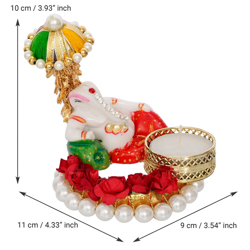 Lord Ganesha Idol on Decorative Handcrafted Floral Plate for Home and Car Kafalo