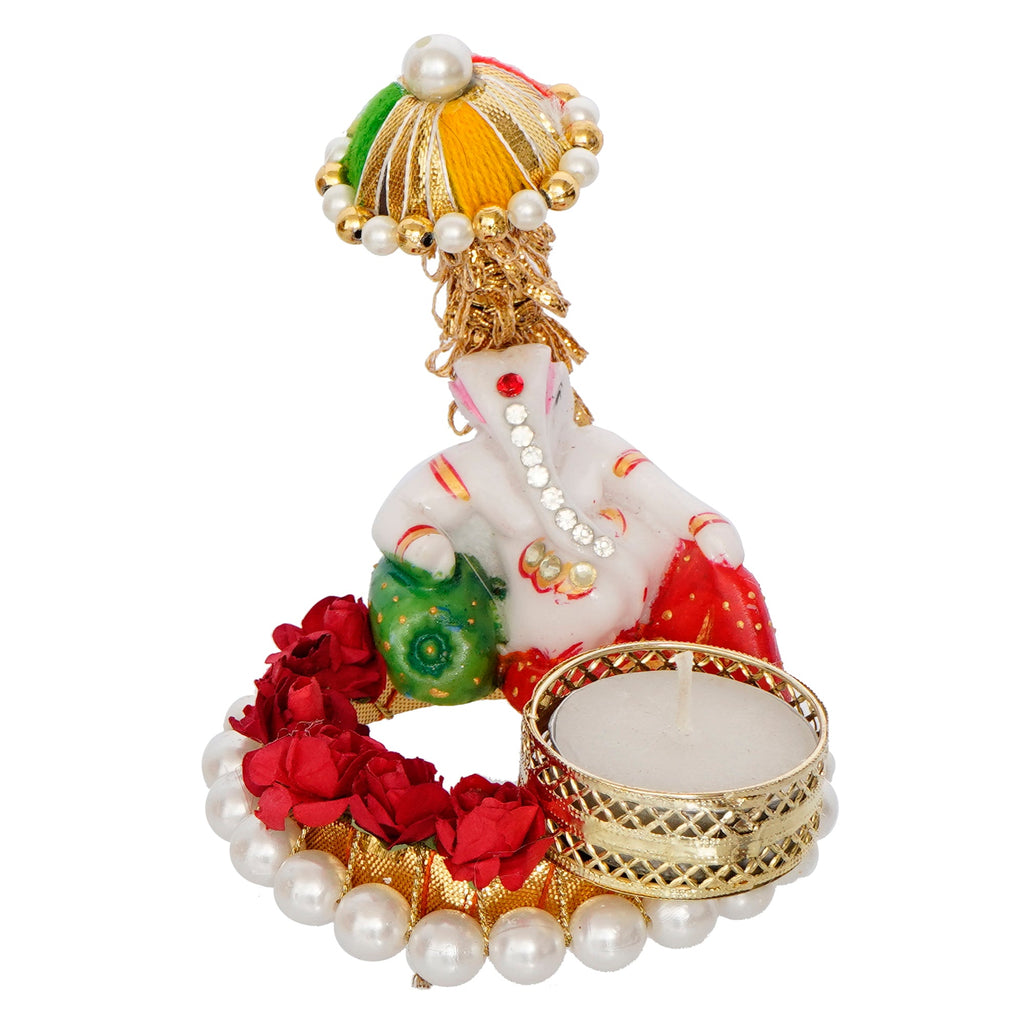 Lord Ganesha Idol on Decorative Handcrafted Floral Plate for Home and Car Kafalo