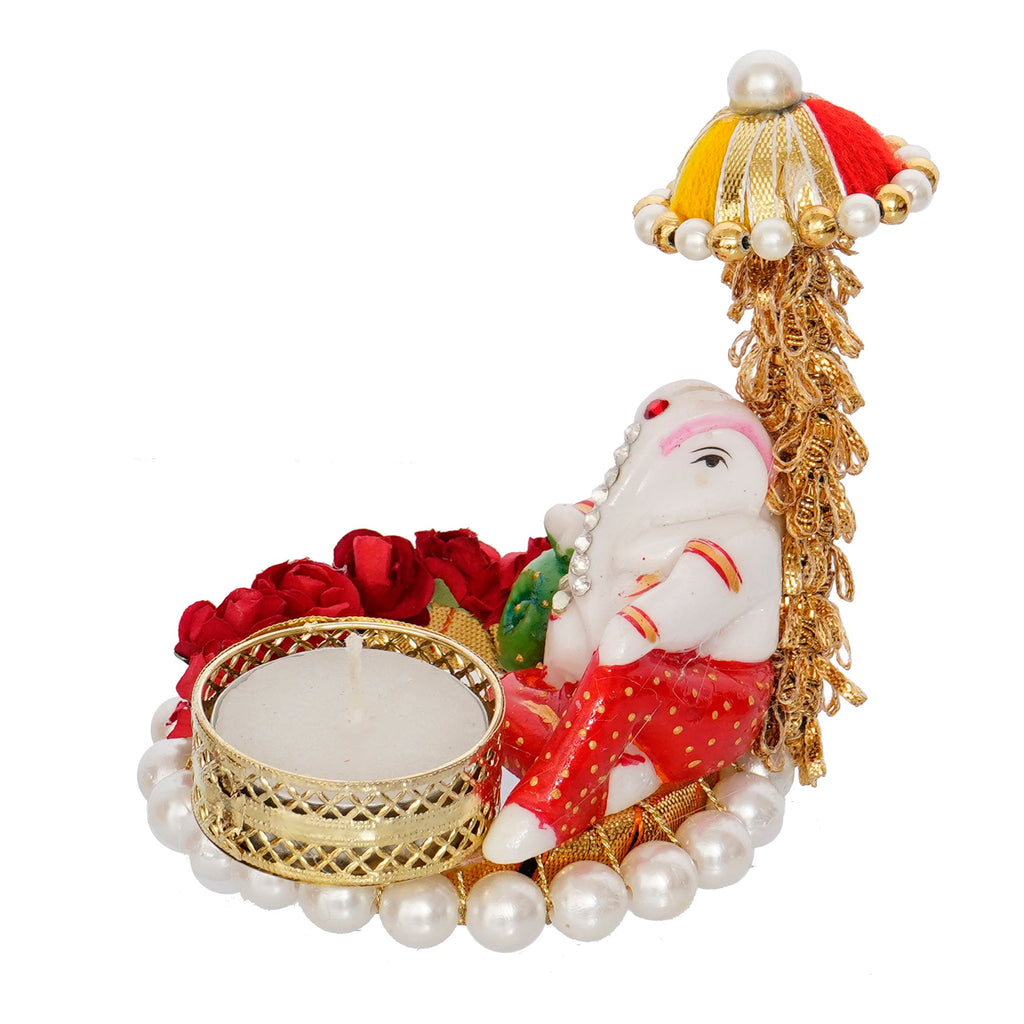 Lord Ganesha Idol on Decorative Handcrafted Floral Plate for Home and Car Kafalo