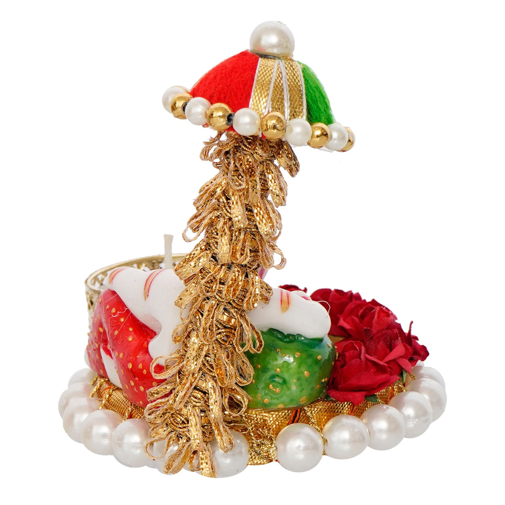 Lord Ganesha Idol on Decorative Handcrafted Floral Plate for Home and Car Kafalo