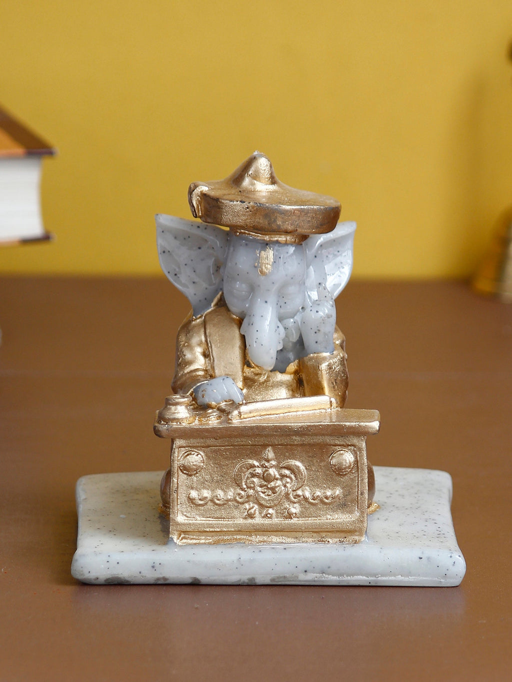Polyresin Lord Ganesha Idol Writing Book (Gold and White) Kafalo