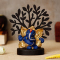 Gold Plated Blue Polyresin Ganesha Idol with Wooden Tree for Home, Office and Car Dashboard Kafalo