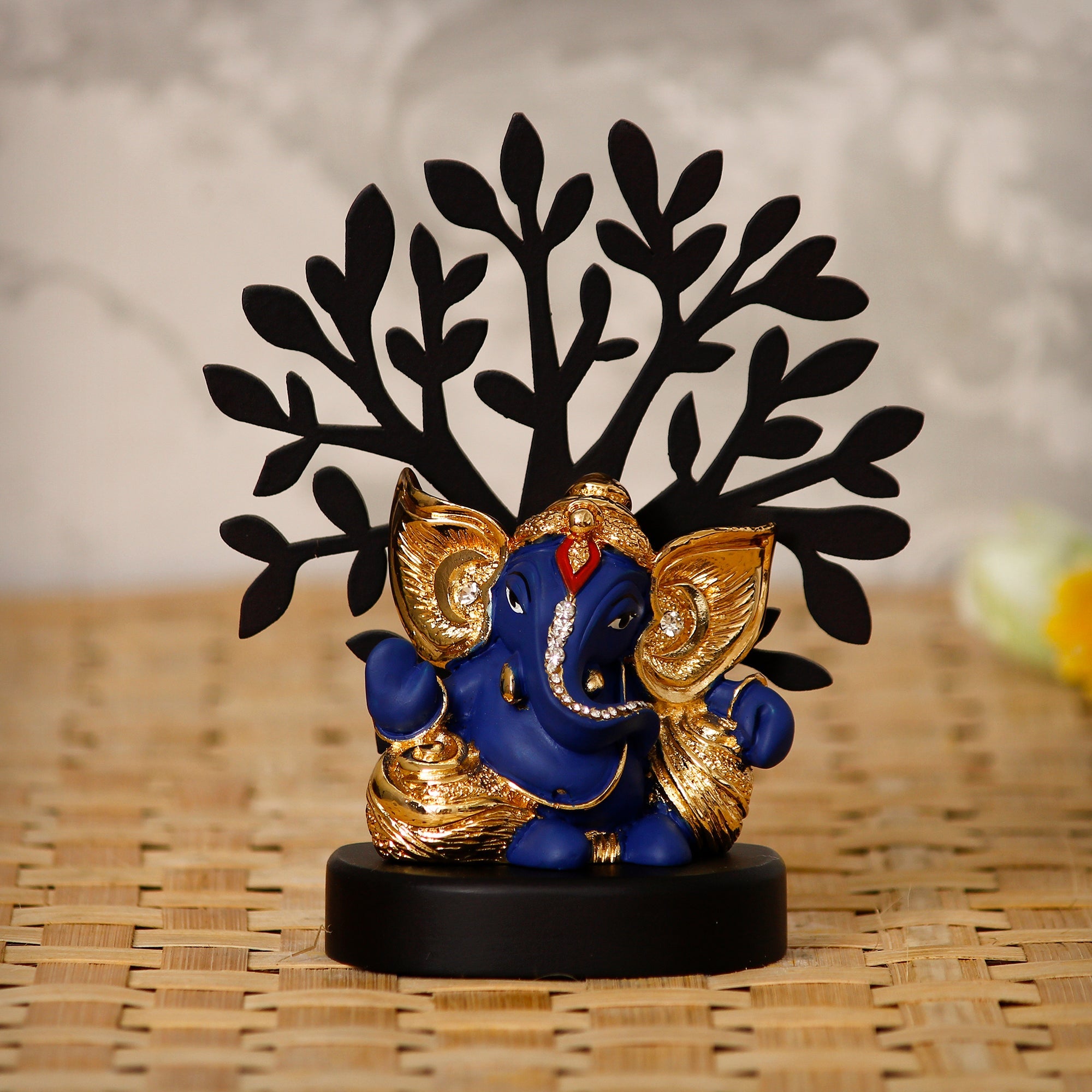 Gold Plated Blue Polyresin Ganesha Idol with Wooden Tree for Home, Office and Car Dashboard Kafalo