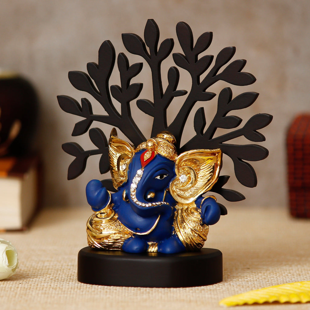 Gold Plated Blue Polyresin Ganesha Idol with Wooden Tree for Home, Office and Car Dashboard Kafalo