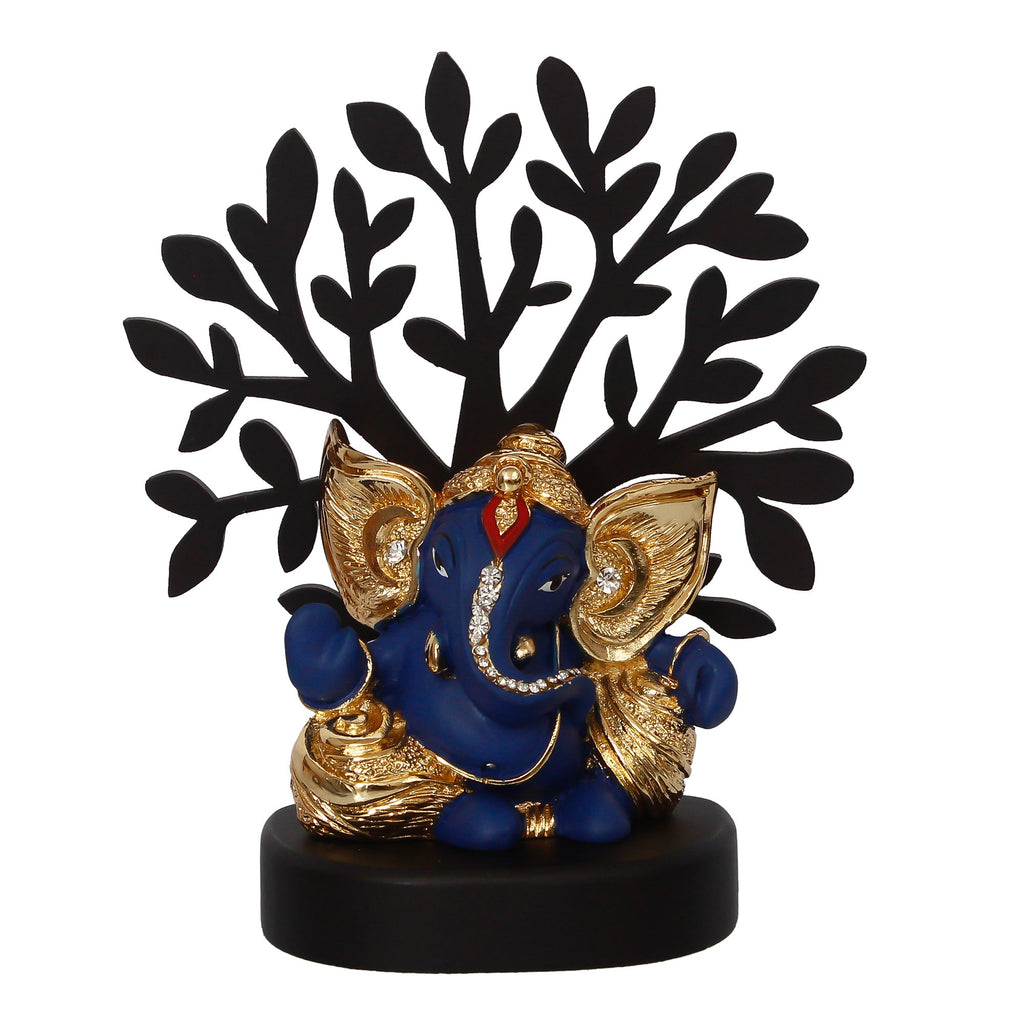 Gold Plated Blue Polyresin Ganesha Idol with Wooden Tree for Home, Office and Car Dashboard Kafalo