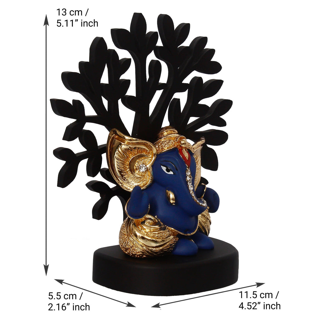 Gold Plated Blue Polyresin Ganesha Idol with Wooden Tree for Home, Office and Car Dashboard Kafalo