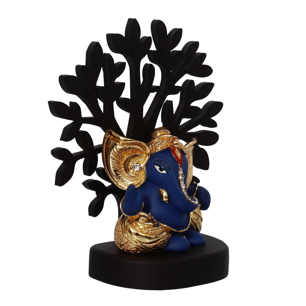 Gold Plated Blue Polyresin Ganesha Idol with Wooden Tree for Home, Office and Car Dashboard Kafalo