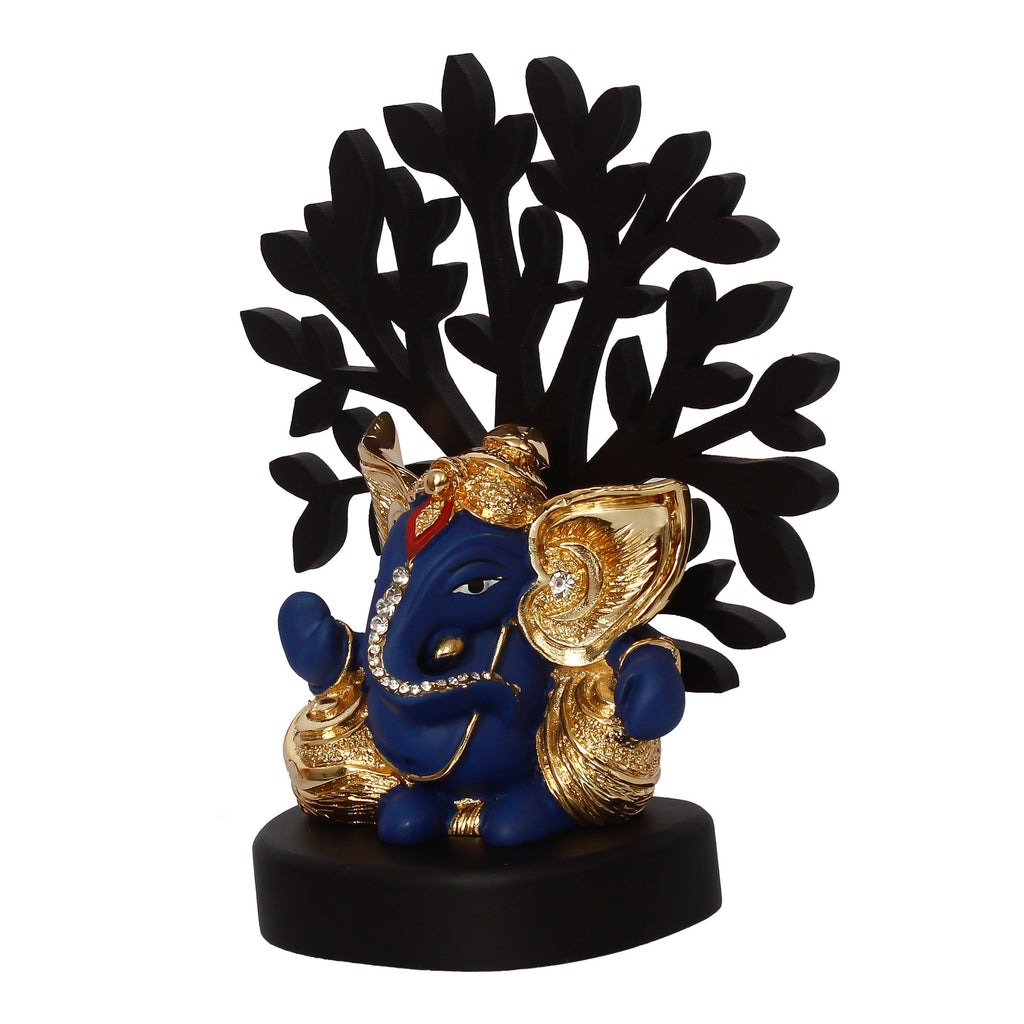 Gold Plated Blue Polyresin Ganesha Idol with Wooden Tree for Home, Office and Car Dashboard Kafalo