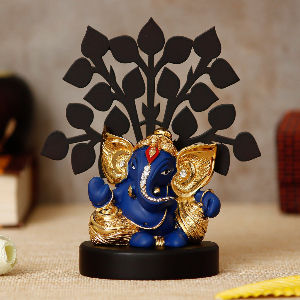 Gold Plated Blue Polyresin Ganesha Statue with Wooden Tree for Home, Temple, Office and Car Dashboard Kafalo