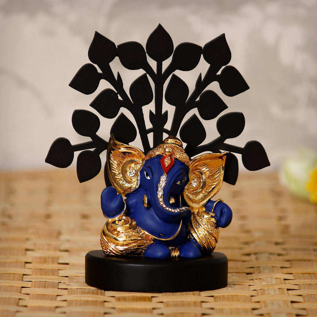 Gold Plated Blue Polyresin Ganesha Statue with Wooden Tree for Home, Temple, Office and Car Dashboard Kafalo