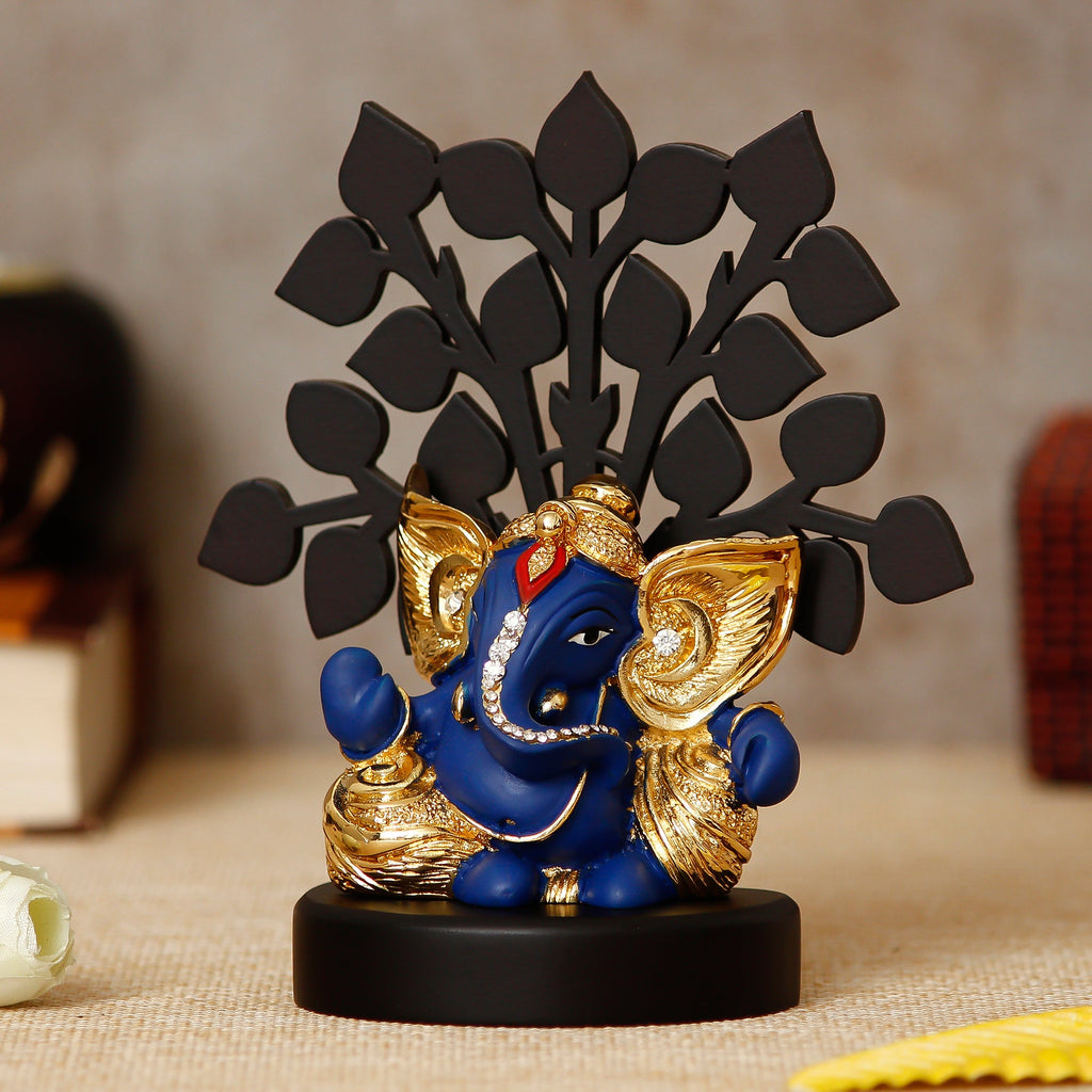 Gold Plated Blue Polyresin Ganesha Statue with Wooden Tree for Home, Temple, Office and Car Dashboard Kafalo