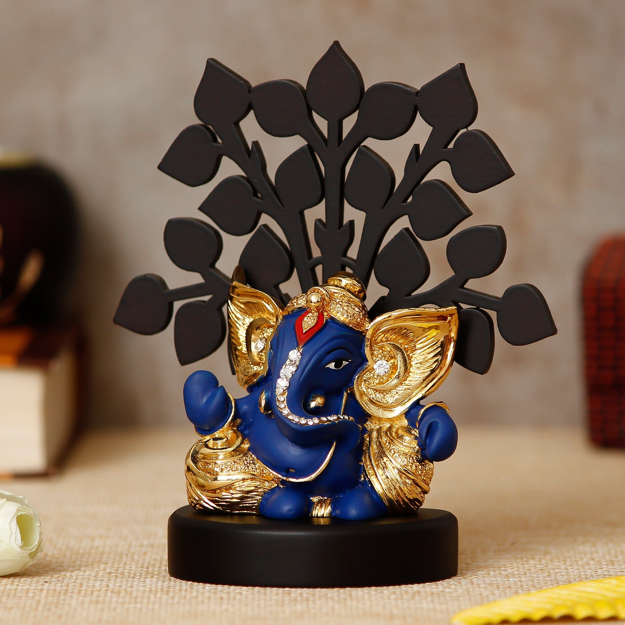 Gold Plated Blue Polyresin Ganesha Statue with Wooden Tree for Home, Temple, Office and Car Dashboard Kafalo