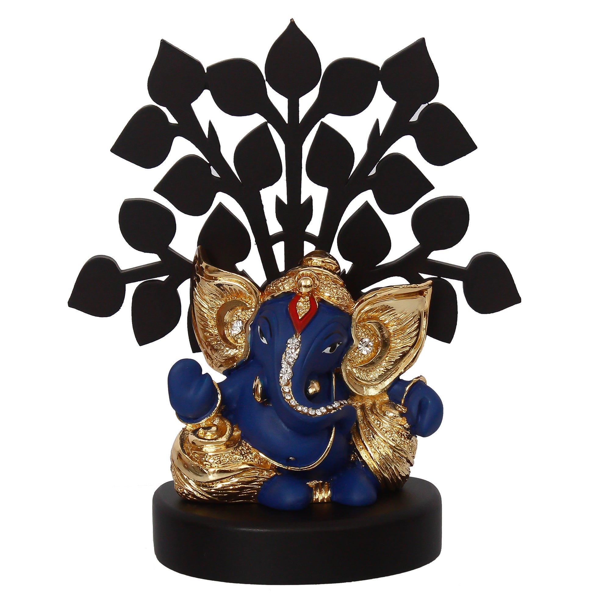 Gold Plated Blue Polyresin Ganesha Statue with Wooden Tree for Home, Temple, Office and Car Dashboard Kafalo