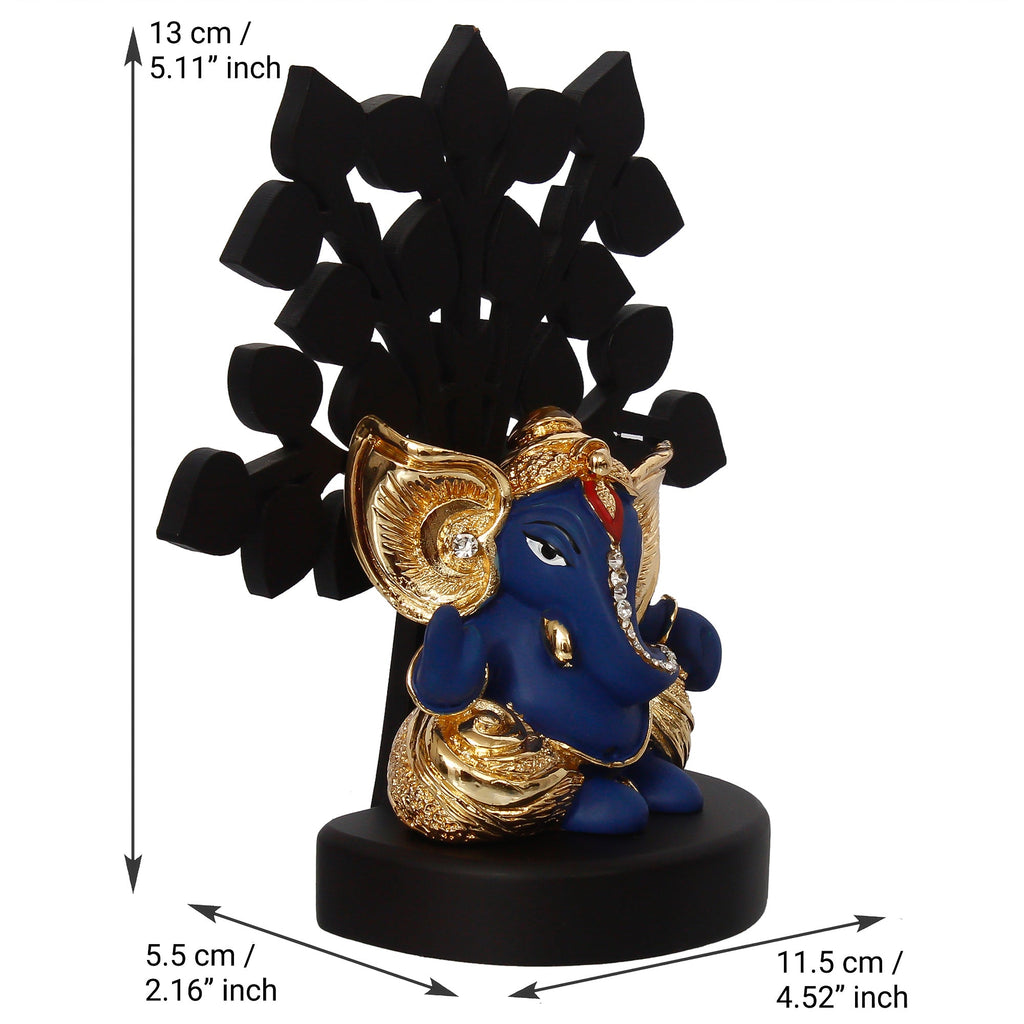 Gold Plated Blue Polyresin Ganesha Statue with Wooden Tree for Home, Temple, Office and Car Dashboard Kafalo
