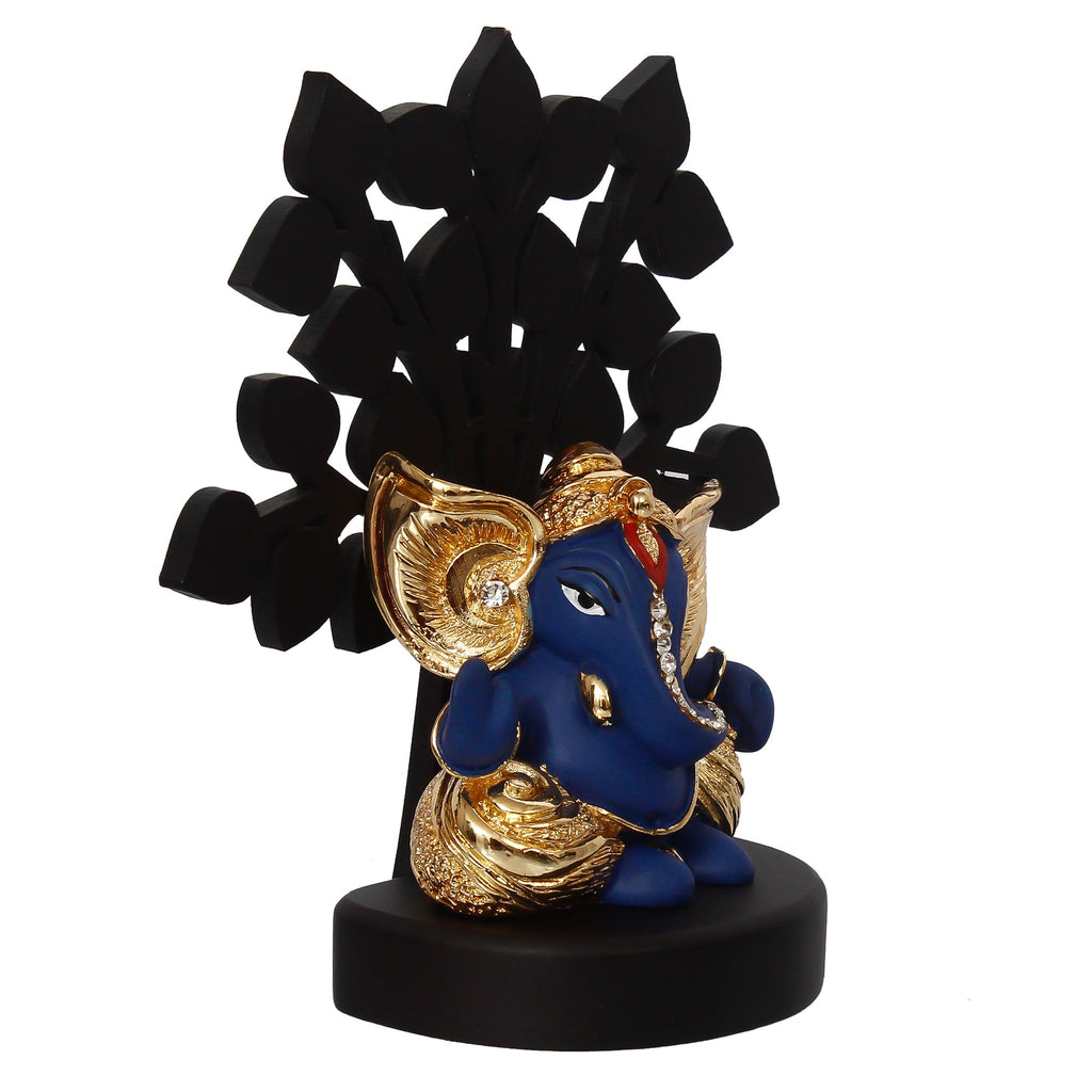 Gold Plated Blue Polyresin Ganesha Statue with Wooden Tree for Home, Temple, Office and Car Dashboard Kafalo