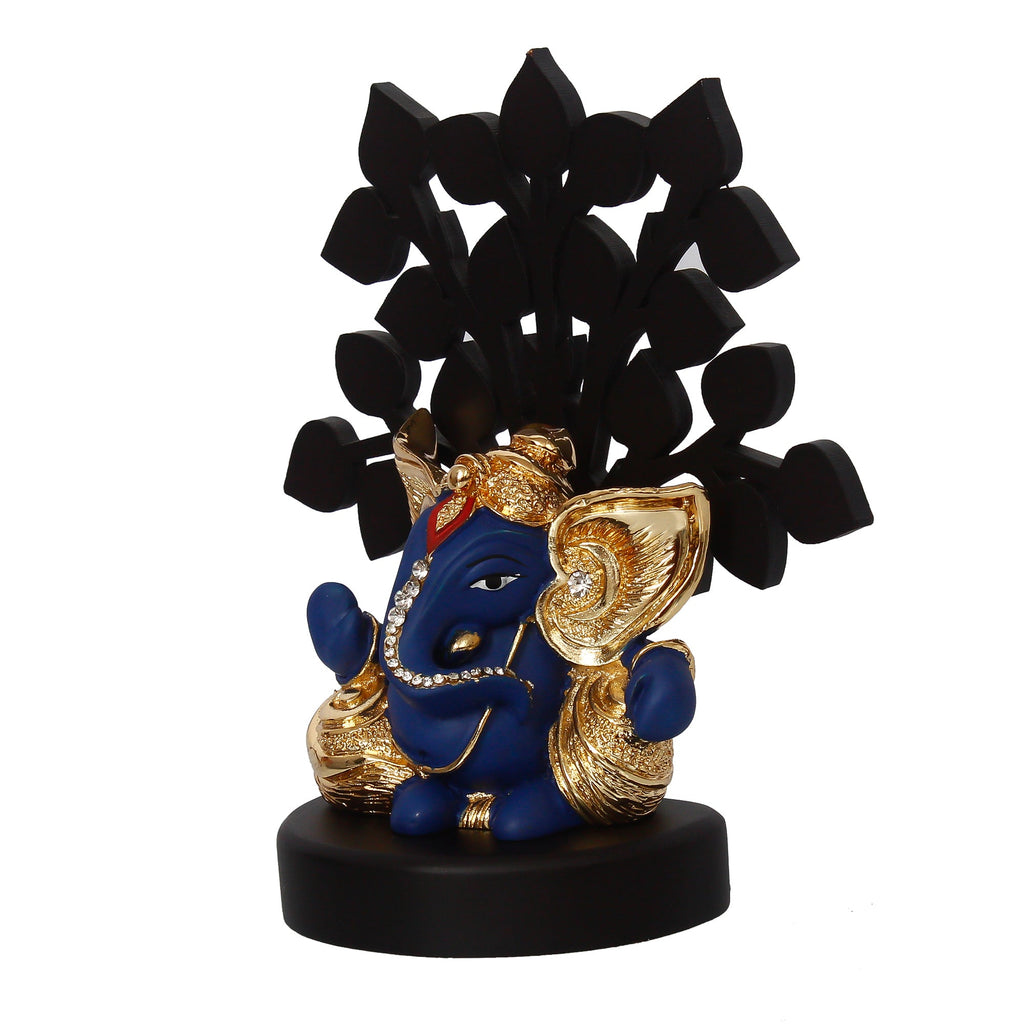 Gold Plated Blue Polyresin Ganesha Statue with Wooden Tree for Home, Temple, Office and Car Dashboard Kafalo