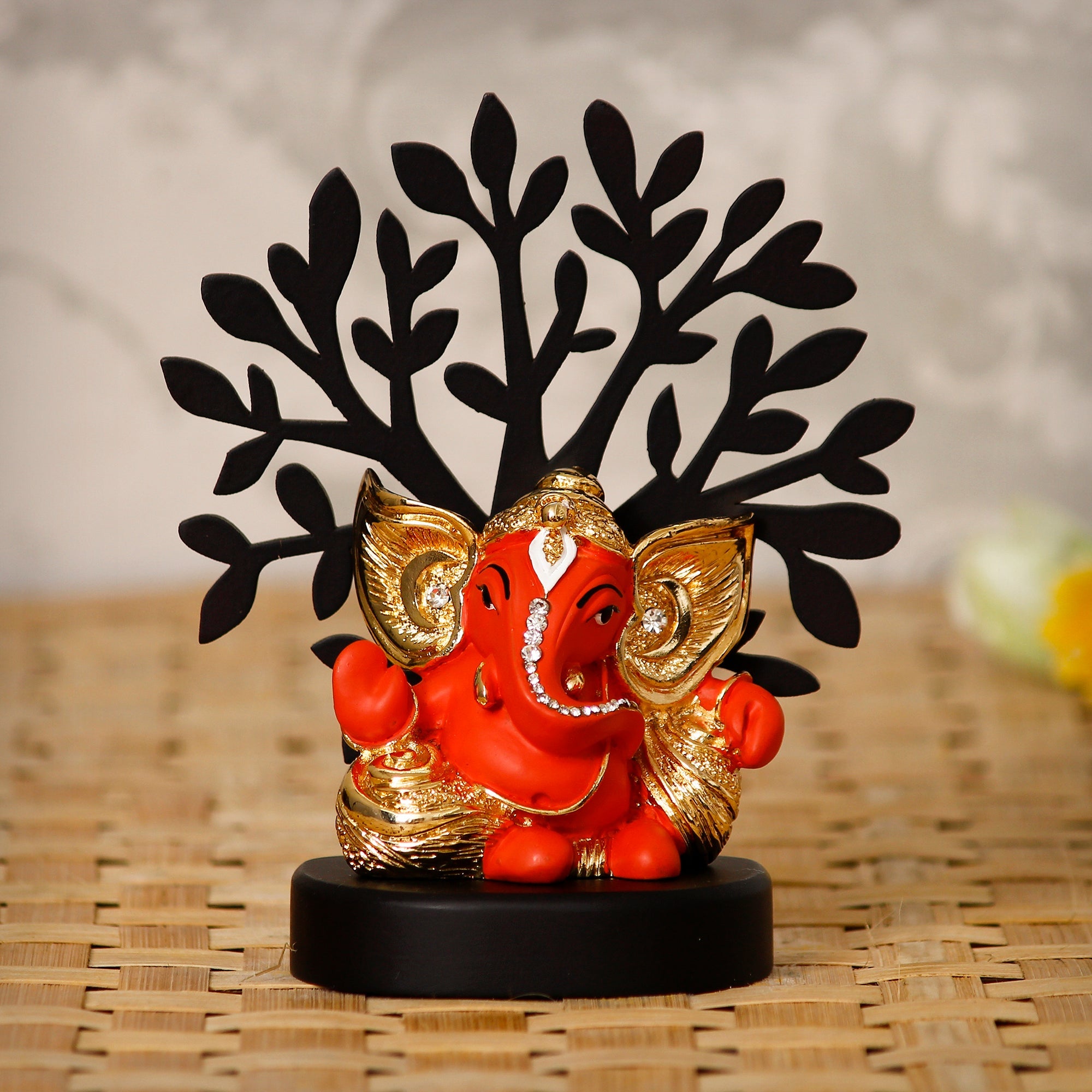 Gold Plated Orange Polyresin Ganesha Statue with Wooden Tree for Home, Temple, Office and Car Dashboard Kafalo