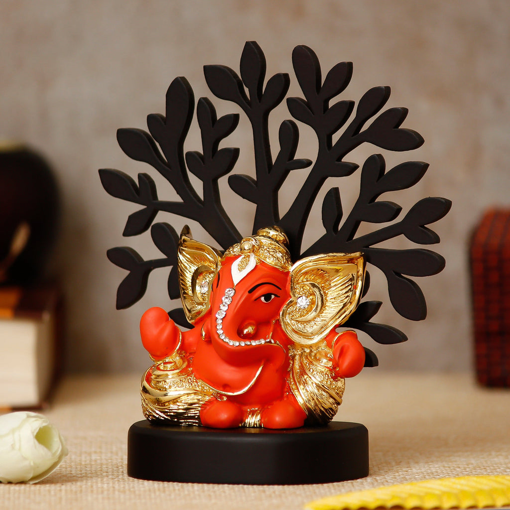 Gold Plated Orange Polyresin Ganesha Statue with Wooden Tree for Home, Temple, Office and Car Dashboard Kafalo