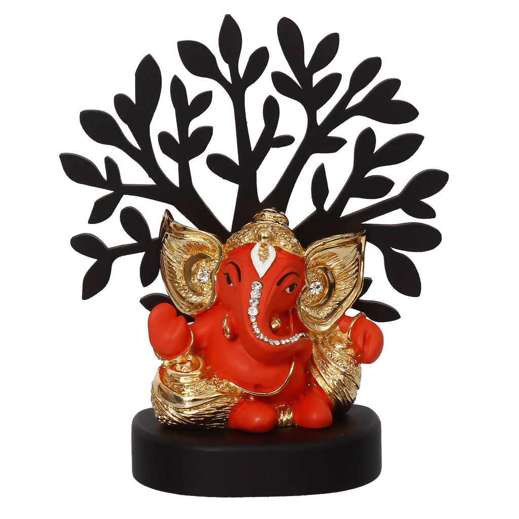 Gold Plated Orange Polyresin Ganesha Statue with Wooden Tree for Home, Temple, Office and Car Dashboard Kafalo