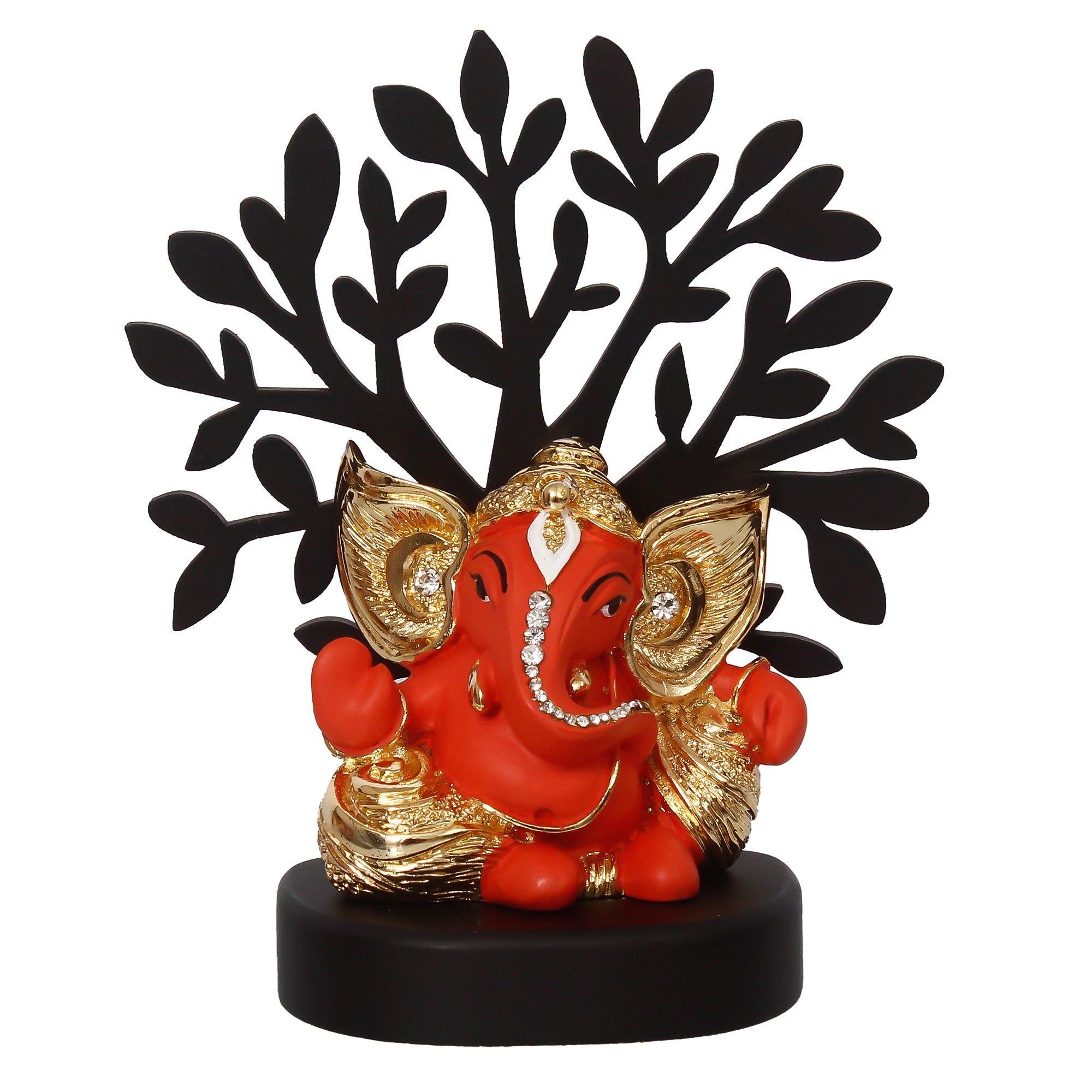 Gold Plated Orange Polyresin Ganesha Statue with Wooden Tree for Home, Temple, Office and Car Dashboard Kafalo
