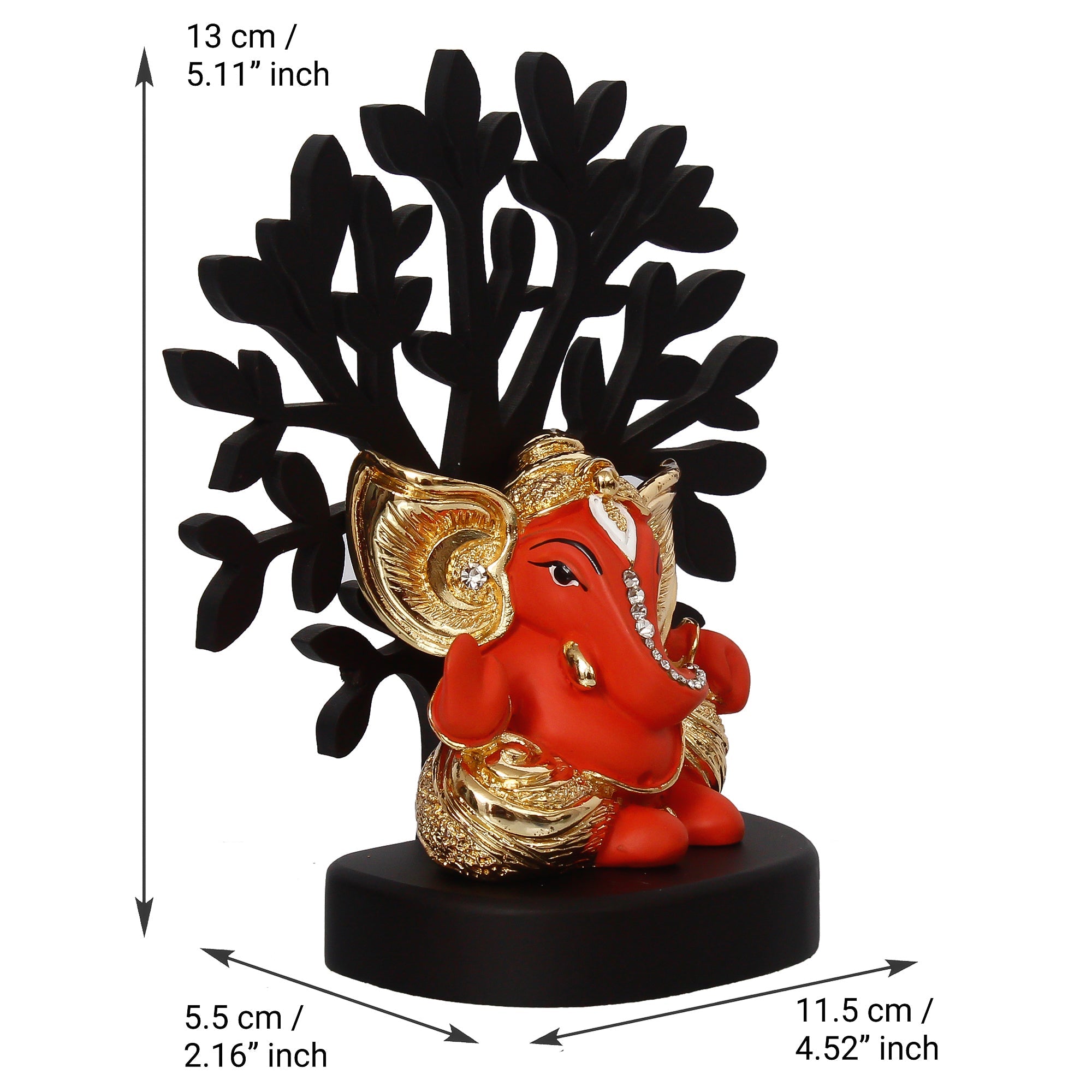 Gold Plated Orange Polyresin Ganesha Statue with Wooden Tree for Home, Temple, Office and Car Dashboard Kafalo