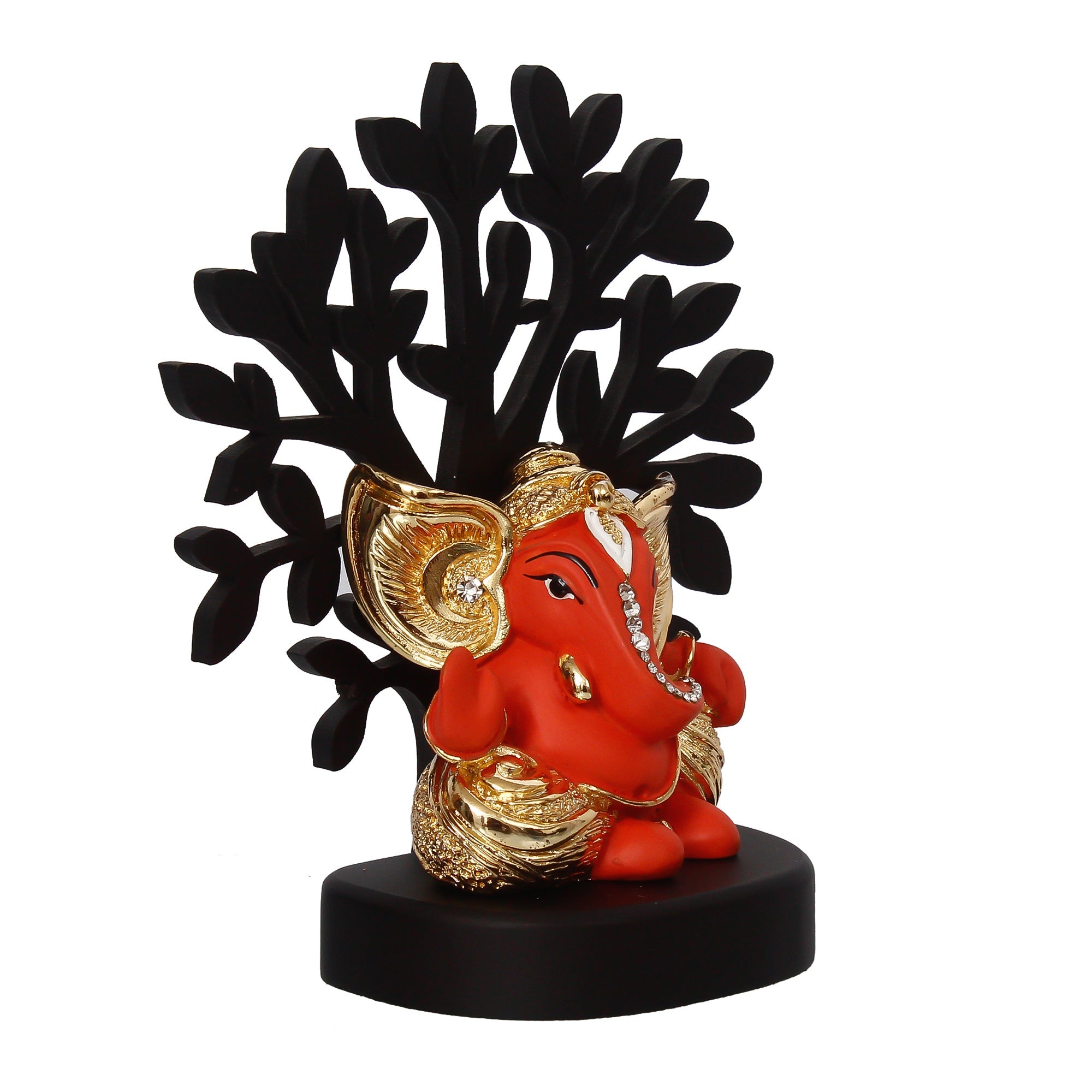 Gold Plated Orange Polyresin Ganesha Statue with Wooden Tree for Home, Temple, Office and Car Dashboard Kafalo