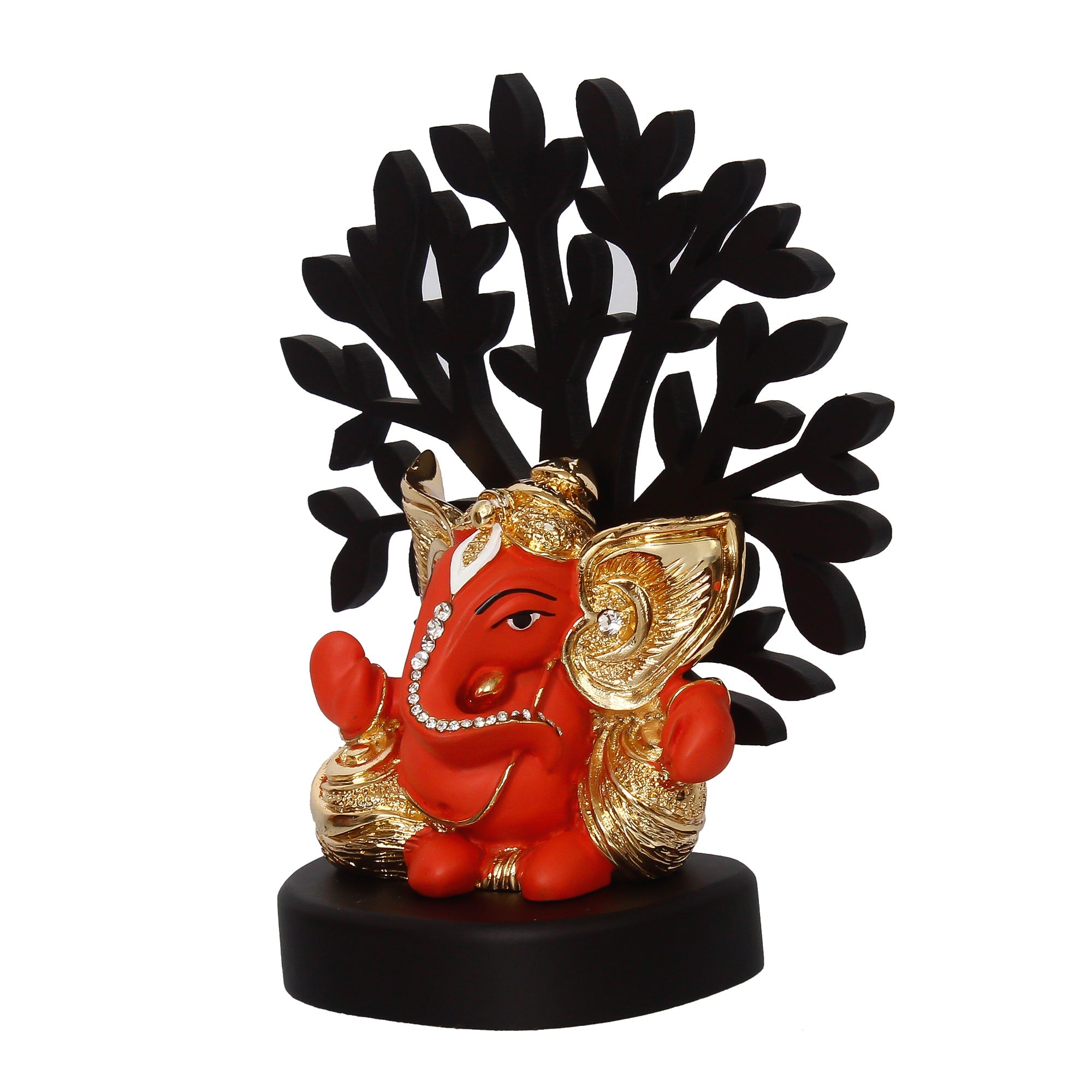 Gold Plated Orange Polyresin Ganesha Statue with Wooden Tree for Home, Temple, Office and Car Dashboard Kafalo