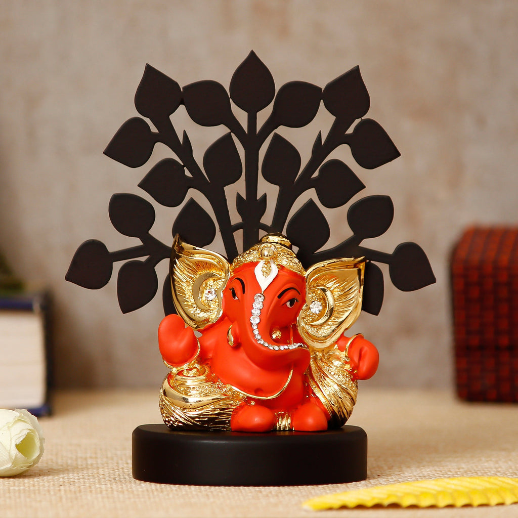 Gold Plated Orange Polyresin Ganesha Murti with Wooden Tree for Home, Temple, Office and Car Dashboard Kafalo