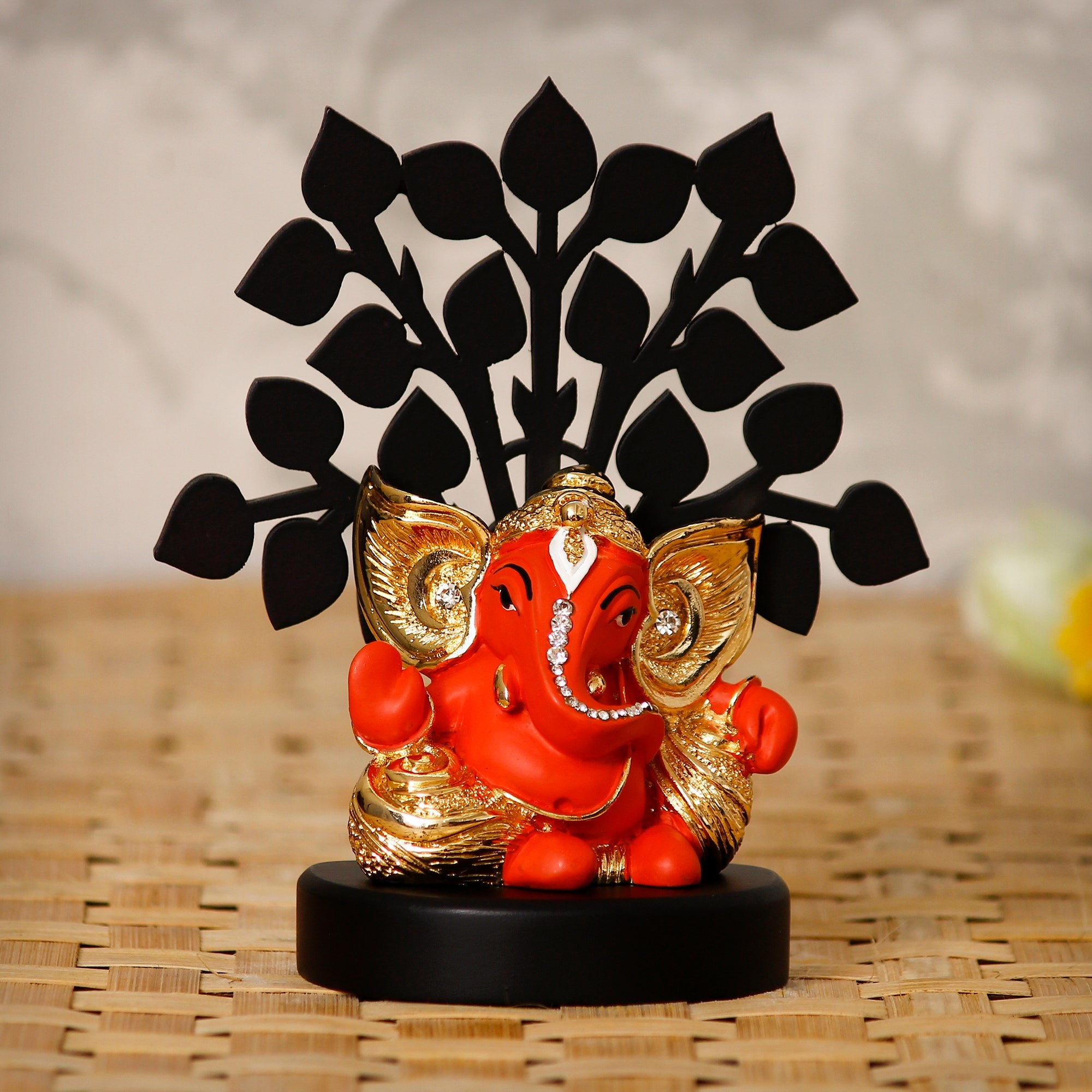 Gold Plated Orange Polyresin Ganesha Murti with Wooden Tree for Home, Temple, Office and Car Dashboard Kafalo