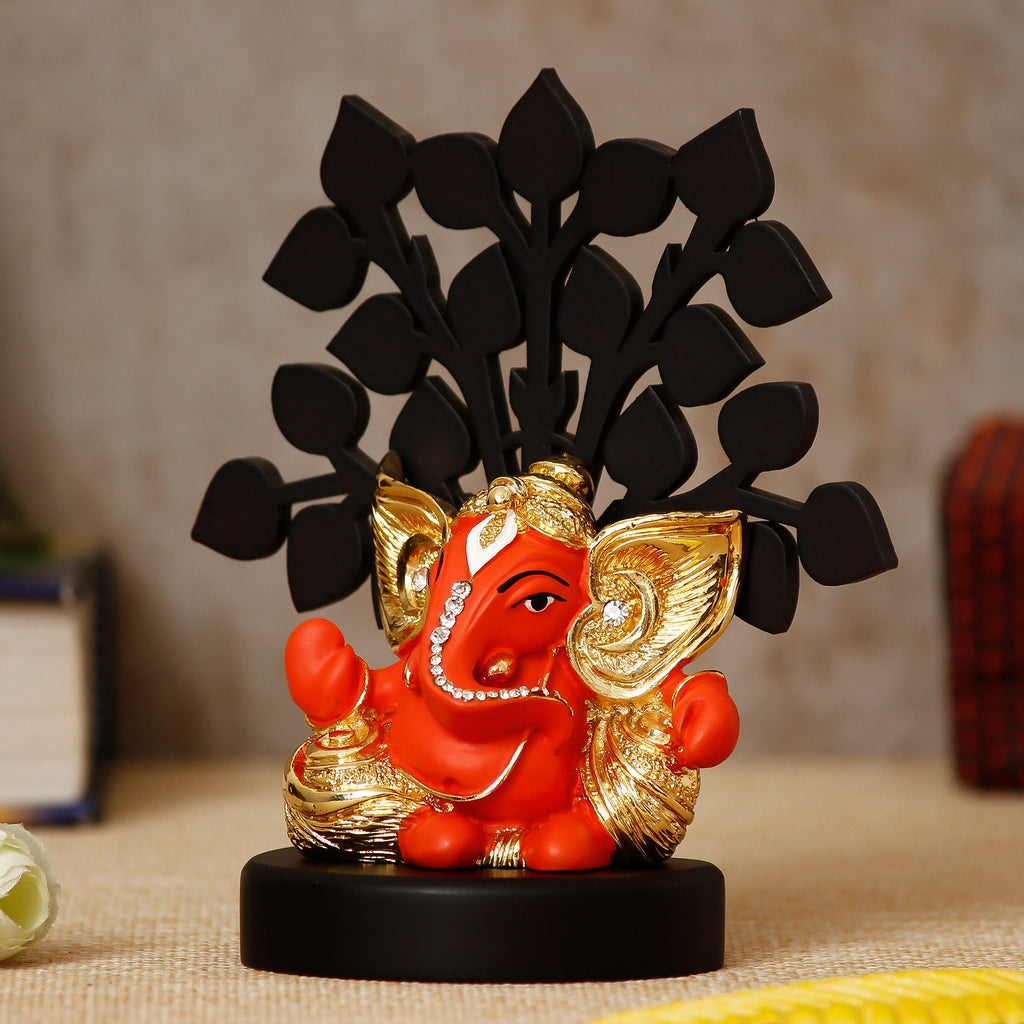Gold Plated Orange Polyresin Ganesha Murti with Wooden Tree for Home, Temple, Office and Car Dashboard Kafalo
