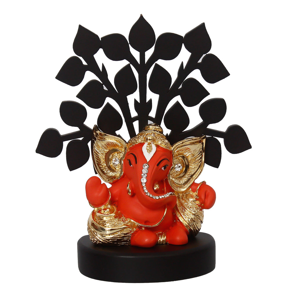 Gold Plated Orange Polyresin Ganesha Murti with Wooden Tree for Home, Temple, Office and Car Dashboard Kafalo