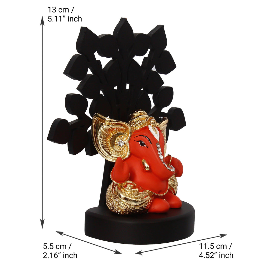 Gold Plated Orange Polyresin Ganesha Murti with Wooden Tree for Home, Temple, Office and Car Dashboard Kafalo