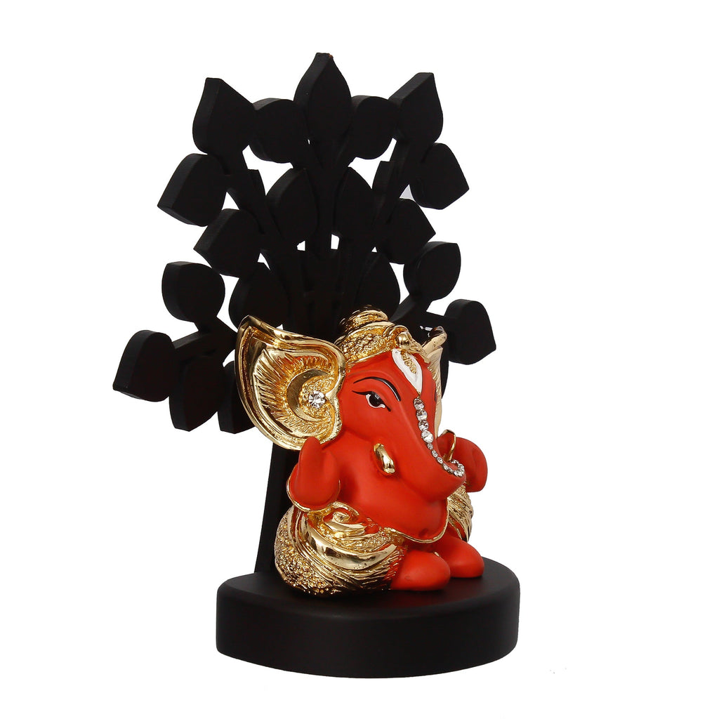 Gold Plated Orange Polyresin Ganesha Murti with Wooden Tree for Home, Temple, Office and Car Dashboard Kafalo