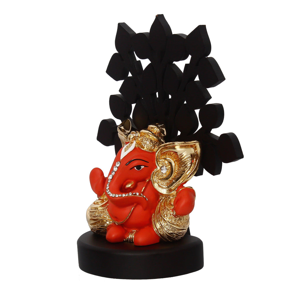 Gold Plated Orange Polyresin Ganesha Murti with Wooden Tree for Home, Temple, Office and Car Dashboard Kafalo