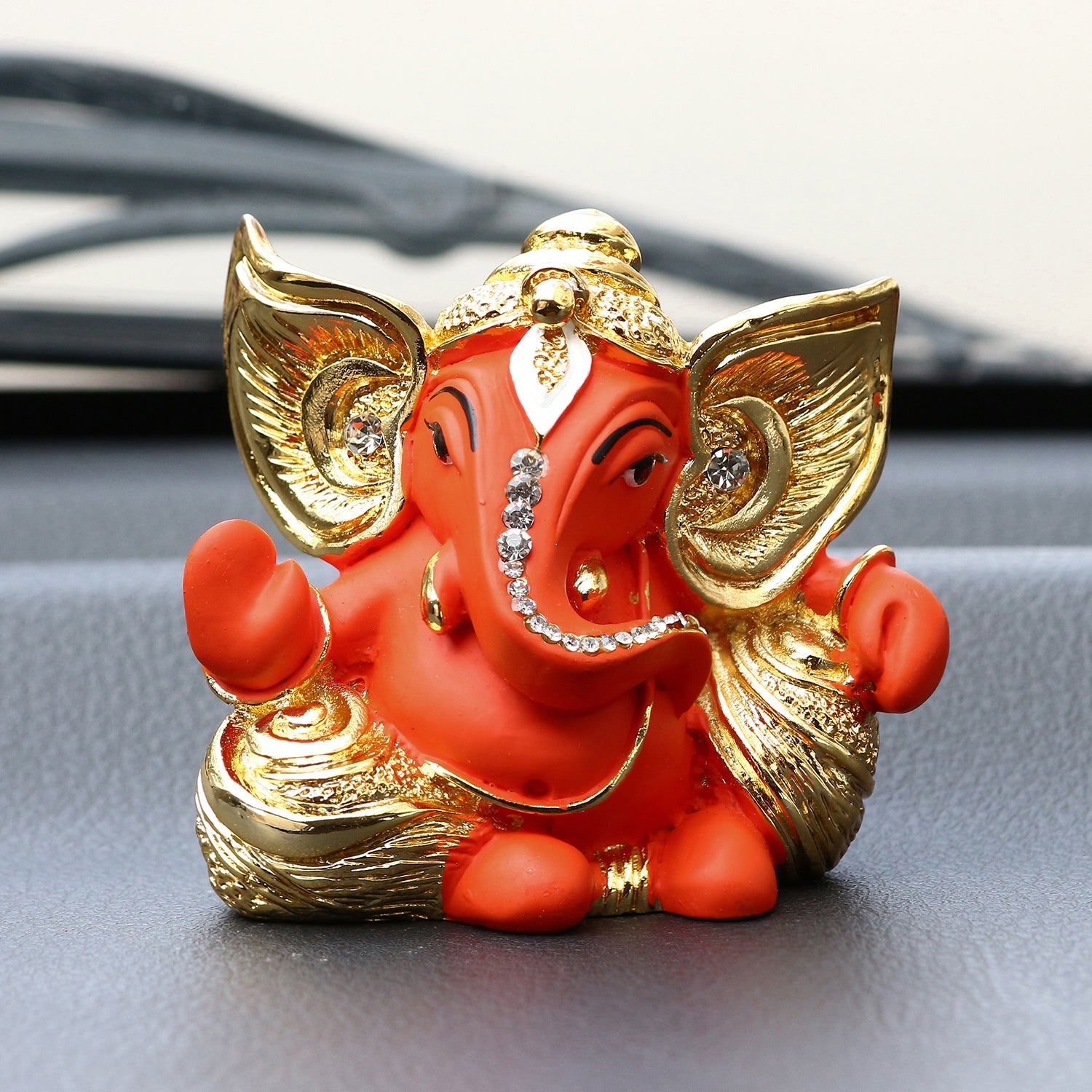 Gold Plated and Orange Polyresin Lord Ganesha Idol for Home, Temple, Office and Car Dashboard Kafalo