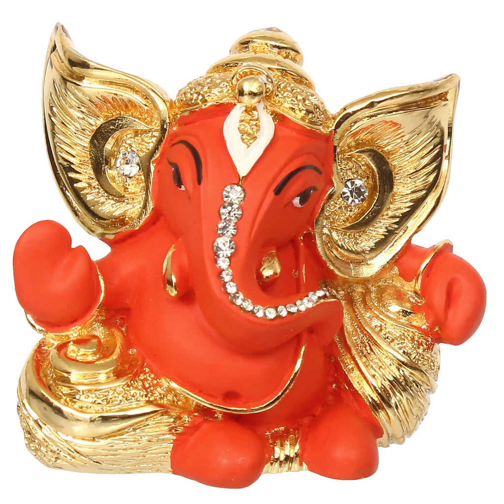 Gold Plated and Orange Polyresin Lord Ganesha Idol for Home, Temple, Office and Car Dashboard Kafalo