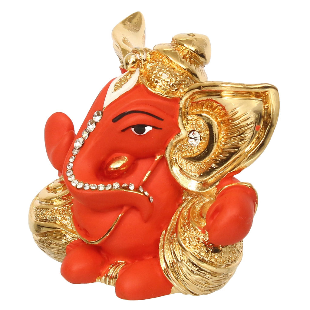 Gold Plated and Orange Polyresin Lord Ganesha Idol for Home, Temple, Office and Car Dashboard Kafalo