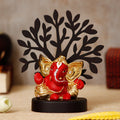 Gold Plated Red Polyresin Ganesha Idol with Wooden Tree for Home, Office and Car Dashboard Kafalo