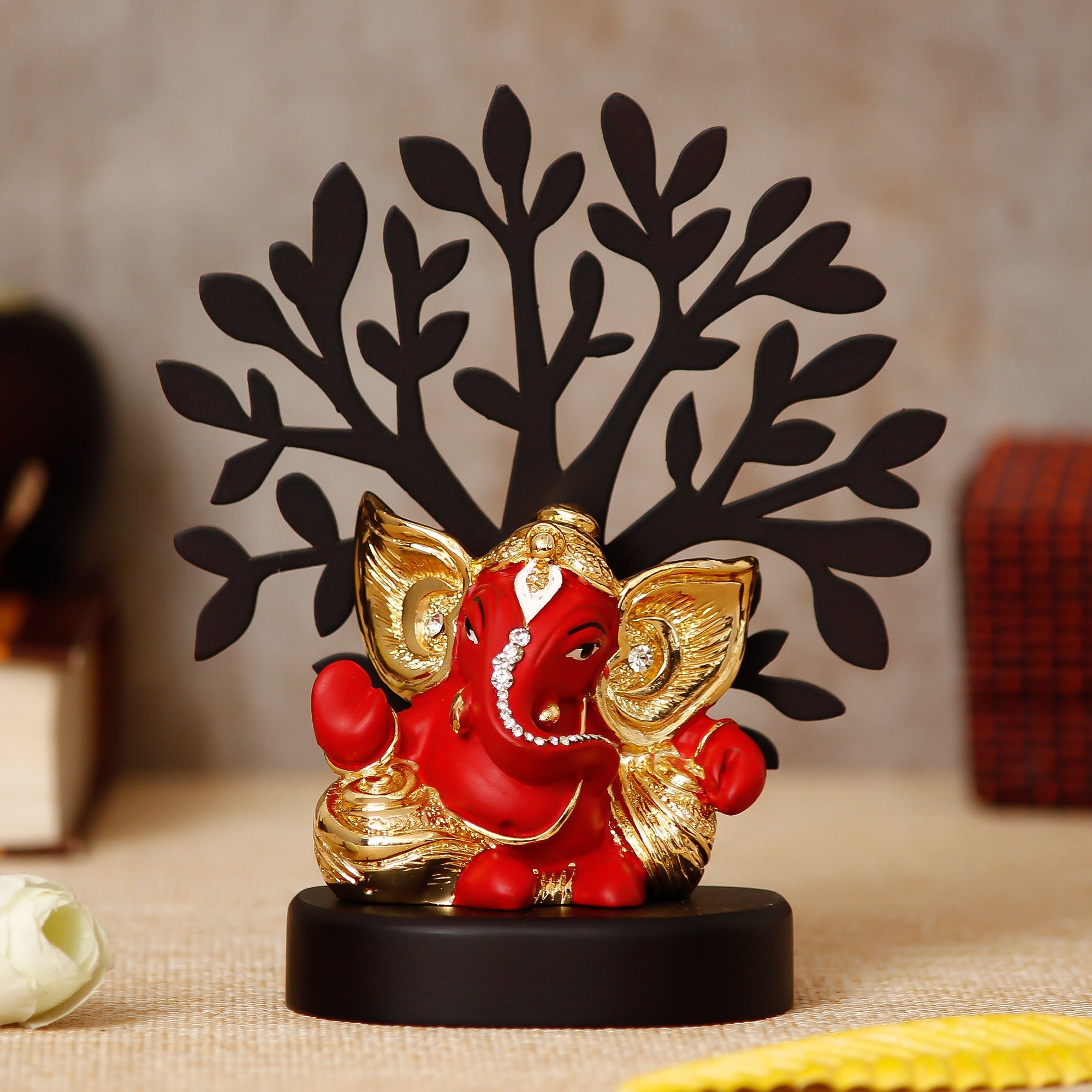 Gold Plated Red Polyresin Ganesha Idol with Wooden Tree for Home, Office and Car Dashboard Kafalo